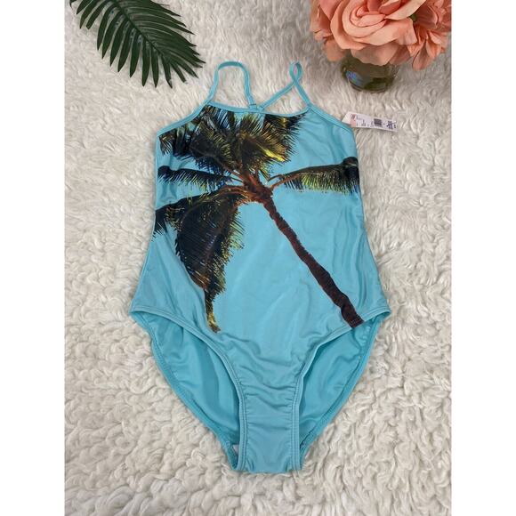 NWT Joe Boxer Girls Tropical Palm Tree One Piece Swimsuit AMBROSIA Size 12 - Picture 1 of 7